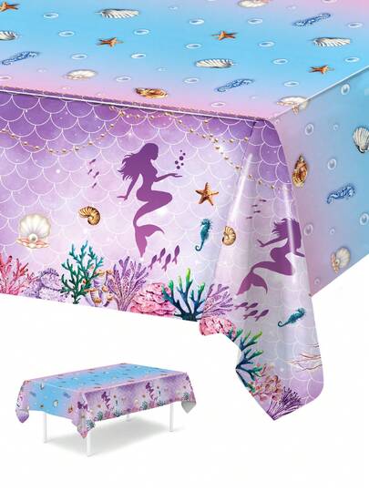 1pc Mermaid Baby Shower Decorative Table Cloth, Dreamy Mermaid Design Table Cover For Gender Reveal Party Wedding Birthday Party Decorations, Newborn Boy Or Girl Party Table Decoration Supplies, Outdoor 1st Birthday Party Disposable Decorative Dining Table Cover,Birth Party Home Decoration Restaurant Decorative Tablecloth, 1st Birthday Party Room Decoration Table Runner, Baby Shower Gift,Babe Shower Decor,Gender Reveal Decor,1st Birthday Gift,Wedding Decor