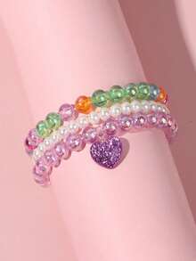 3pcs/Set Children's Minimalist Cute Heart Pendant Beaded Bracelet, Suitable For Girls' Daily Wear, Party, Gift - one-size - View 8
