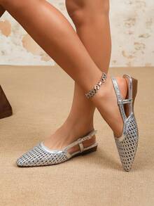 Women's Silver Metallic Woven Criss-Cross Strap Flats - Low Heel Pointed Toe Silver Mesh Hollow Out Sandals With Ankle Strap - Silver - View 4