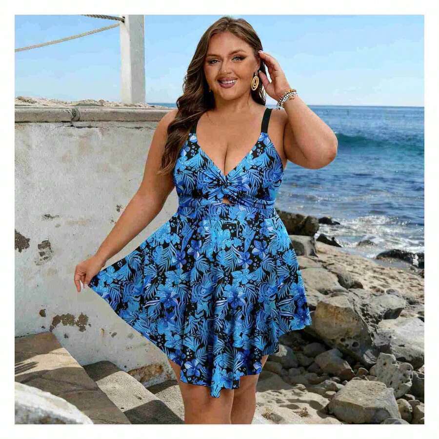 Plus Size Swimdress Tropical Print V-Neck Bathing Suit Women - Twist Front Swimwear 16W-30W Adjustable Straps Comfortable Beach Pool Swimsuit - 多色652 - 查看 1