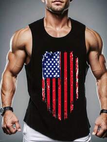 Men's Casual USA Flag Print Sleeveless Tank Top, Summer - 黑色 - 查看 1