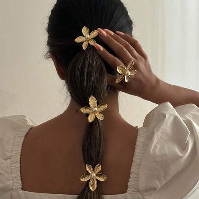3 ชิ้น แฟชั่นผู้หญิง โลหะหรูหรา 5 กลีบดอกไม้ไข่มุกยางรัดผม, เครื่องประดับผมโลหะผสม เหมาะสำหรับฤดูร้อน, วันหยุดพักผ่อนที่ชายหาด