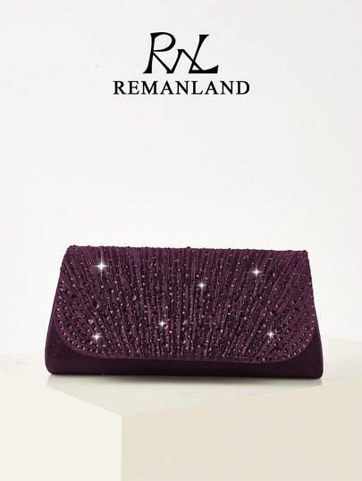 REMANLAND Light Luxury And Fashionable Purple Clutch With Crystal Embellishment, Featuring Sparkling Crystals, Fan-Pleats And A Glamorous Finish. A Chic Companion For Dates, Evening Soirees And Cocktail Parties. It Is The Best Gift For Women