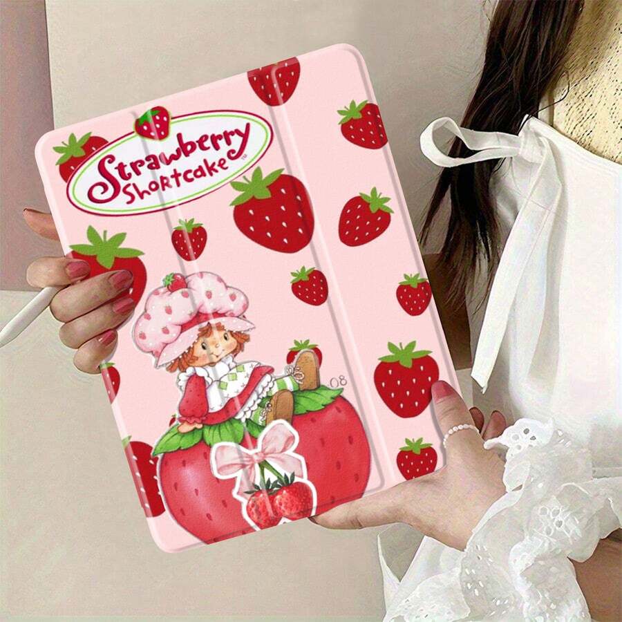 : A Cute Girl And Strawberries. This Stylish Case Is Compatible With Anti-Drop Function, Sleep/Wake Function Compatible With /, Case, Case,Case, Case 10th Generation, Case,Cute Case - Xám - Xem 1
