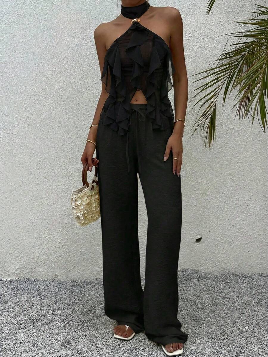 夏季优雅露背荷叶边套装，女士金属扣设计通勤及派对时尚黑色两件套 - 黑色 - 查看 1