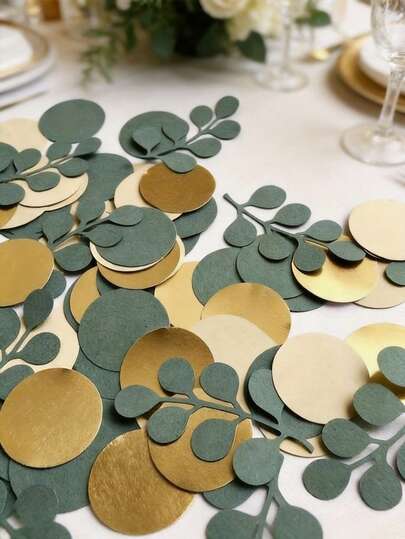 100/200pcs Paper Green & Gold Confetti Decor, Scattered Desktop Decoration With Eucalyptus And Gold Flakes, Suitable For Spring/Summer Celebration Parties, Baby Shower Gender Reveal Decor