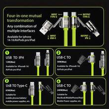 240W 最大功率四合一快充线，双头双充电线，配备 USB-A/Type-C/Lightning 接口，兼容 16/15/14/13/12/11 Pro Max、S25/S24/S23、G 系列等设备，240W 最大功率多口快充线套装 - 彩色 - 查看 5