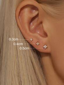 3pcs Set Minimalist Cubic Zirconia Inlaid Four-Leaf Clover Stud Earrings, Daily Wear Jewelry Gift For Women - Gold - View 1
