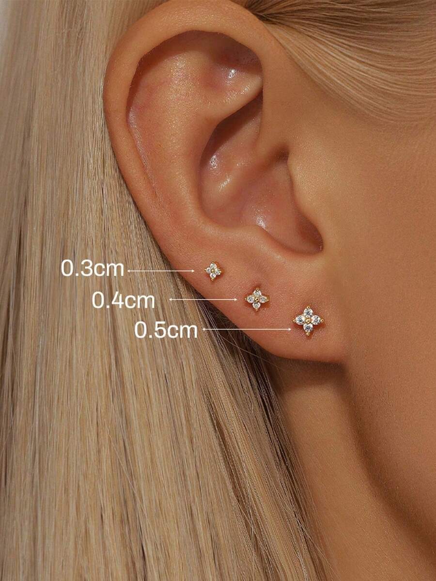 3pcs Set Minimalist Cubic Zirconia Inlaid Four-Leaf Clover Stud Earrings, Daily Wear Jewelry Gift For Women - Gold - View 1