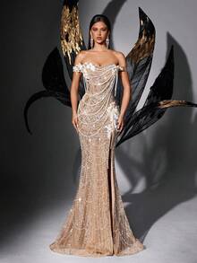 Luxurious Sparkling Solid Color Beaded Sequin High Slit Strapless Gown Dresses - Champagne - View 4