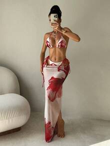 2026 Women's 3-Piece Bikini Set, White Red Floral Print Triangle Cup Swimsuit With Side Tie Bottoms & Beach Skirt, Sexy Summer Beach Vacation Outfit - Multicolor - View 3