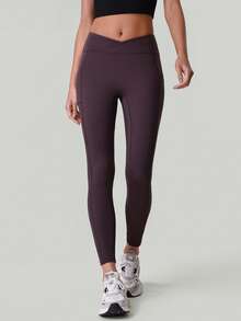 女士交叉腰带口袋瑜伽裤，收腹运动跑步瑜伽紧身裤 - 紫色 - 查看 5