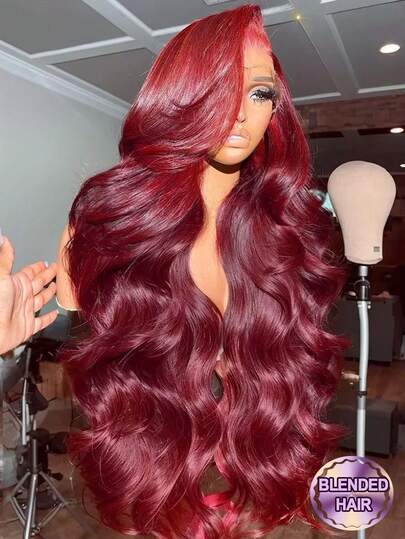 28 Inch 200% Density 99J Burgundy Color 13x4 High Definition Transparent Lace Front Wig, Pre-Trimmed Hairline, 28 Inch Wavy Human Hair Lace Front Wig, Suitable For Daily Wear Or Events