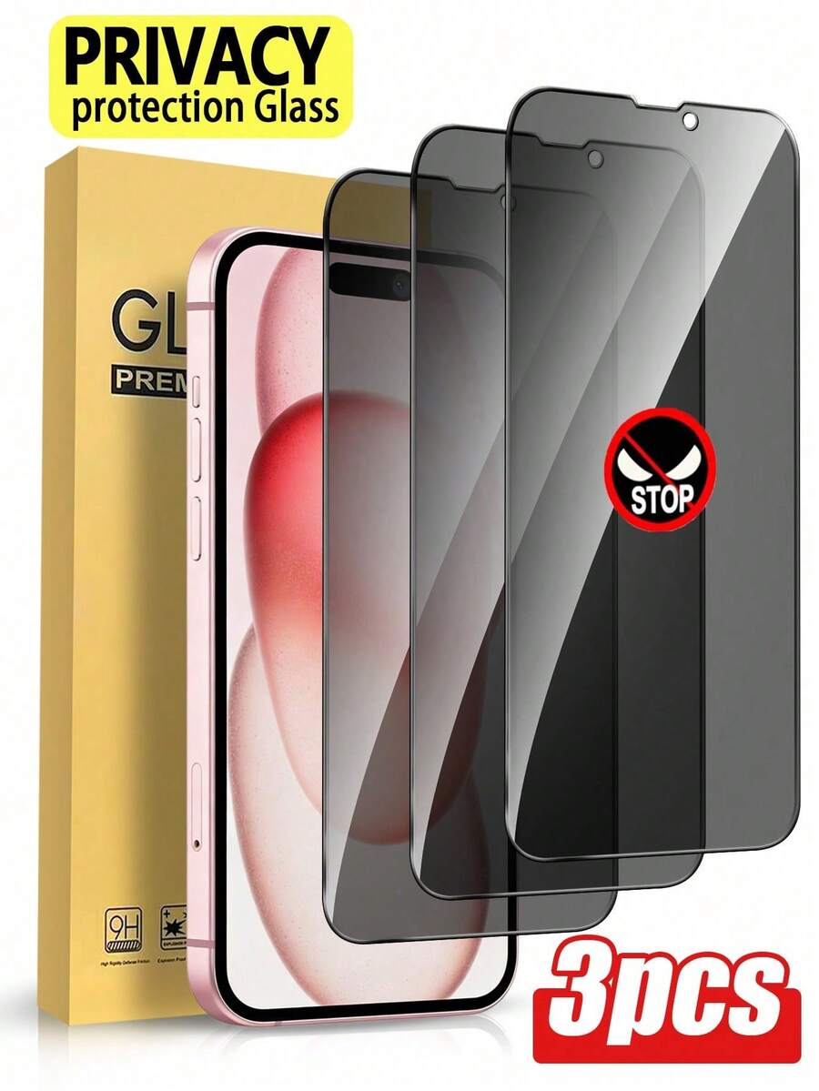 3pcs Tempered Glass Screen Protector, Compatible With IPhone 17 Pro Max/17 Air/16 Pro Max/16 Pro/16 Plus/16E/16/15 Pro Max/14 Pro/13/12 Mini/11/Xs Max/XR, Full Coverage, Anti-Fingerprint, Anti-Drop, Anti-Scratch, 9H Hardness Tempered Glass, Anti-Scratch, Bubble-Free, Dust-Free, Eye-Protecting Tempered Glass, High-Precision Fitting, Enhanced Privacy Protection, Fashionable Appearance. - Black - View 1