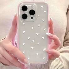 1pc Pink Framed Transparent Minimalist Lens Protection Anti-Fall Anti-Collision Full Screen White Heart Pattern Phone Case, Personalized Compatible With IPhone 16 Pro Max, 17/16/15/14 Plus, 13/12/11, Air - Multicolor - View 4