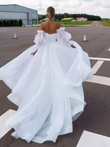 Elegant Sexy Off Shoulder Puff Sleeves Pleat A Line Tulle Formal Wedding Dress,Registry Office Dresses Bridal Gown,Evening Party Dress Birthday Party Dress Country Wedding,Romantic Church Ceremony Wedding Dress,Suitable For Wedding,Dating,Party,Singles' Party,Vacation,Formal Occasions,Dinner Dress,Prom Dress,Homecoming Dess,Cocktail Party,Wedding Guest Dress,Graduation - 白色 - 查看 3