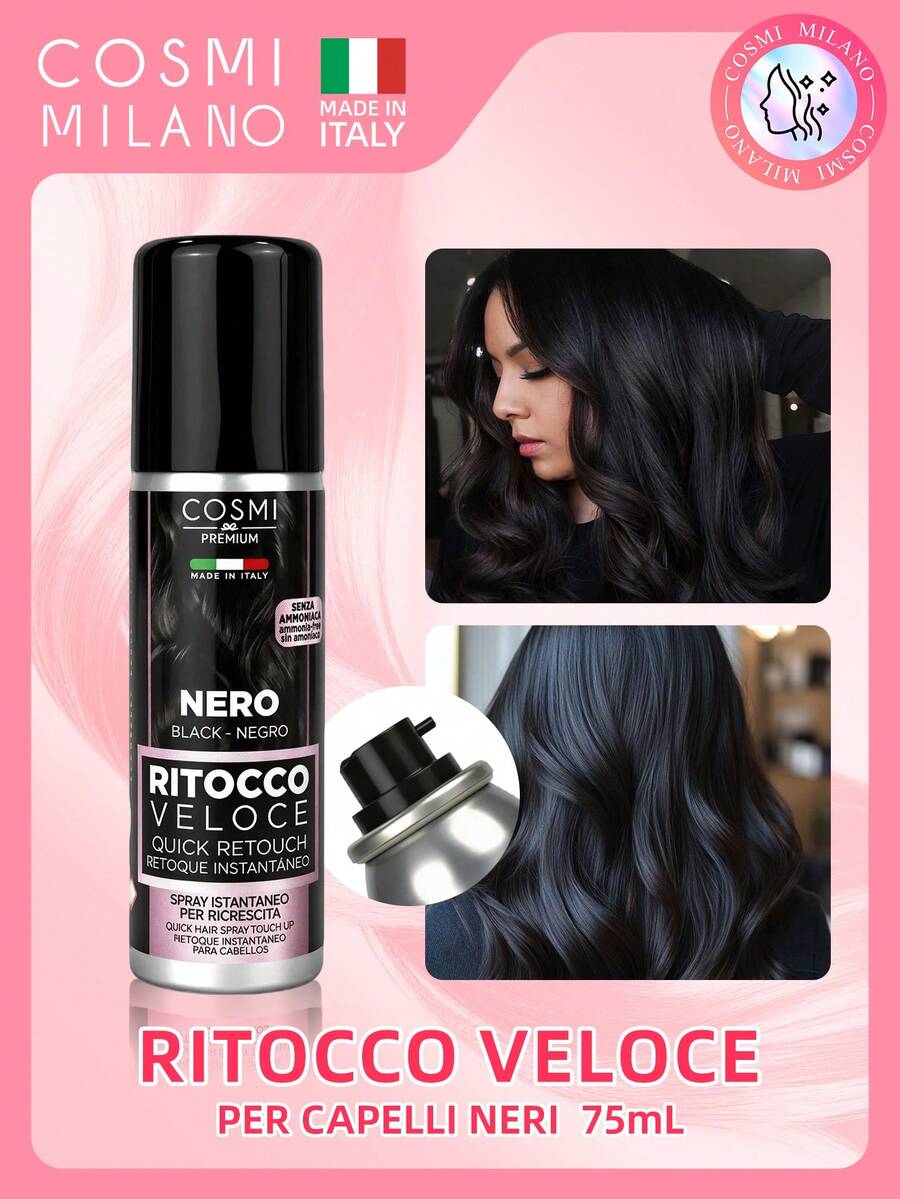 COSMI MILANO Made In Italy Quick Touch-Up Spray For Hair 75ml, Available In Dark Black, Brown, Gold And Dark Blonde, Covers Gray Hair With Precision Nozzle, Ammonia-Free, Quick Drying, Easy To Remove, For Spring And Summer, Gift For Mother's Day - 適用於黑髮 - 查看 1