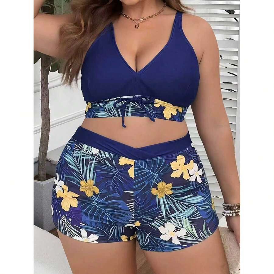 Plus Size Tankini Swimsuit Women - Blue Tropical Print Two Piece Swimwear HalterHigh Waisted Shorts Bathing Suit For Women 14W-30W - 多色1370 - 查看 1