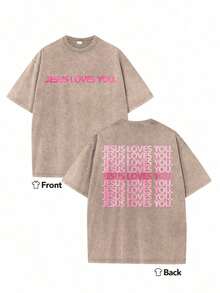 Summer Tops2026Heavyweight Washed T-Shirt - Jesus Loves You Religious Graphic T-Shirt, Pink-Green Background With Pink Letter Double-Sided Print - Chr - 卡其色 - 查看 9