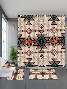1/4 Piece Brown And Green Pattern Bohemian Thanksgiving Autumn Waterproof Polyester Fabric Shower Curtain, Walk-In Shower Curtain With 12 Hooks, Bathroom Non-Slip Mat, Toilet Seat Cover And U-Shaped Pad - A - View 1