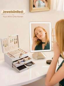 [Delivery Within 2-7 Days In The United States]Large Capacity Jewelry Storage Box, Portable Jewelry Storage Box, Dressing Table With Drawer Jewelry Storage Box, Gift Leather Jewelry Box, Exquisite Display Packaging Storage Container Back To School Dormitory Storage,Gift For Girls And Men,White PU Leather Outside Soft Velvet Lining Inside - 彩色 - 查看 11