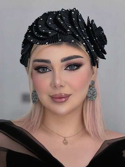 1件夸张黑色花卉宽发箍，饰有闪亮水钻，多层波浪设计，时尚头饰，适合新娘、婚礼、嘉年华、派对、休闲场合佩戴
