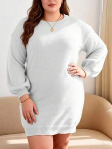 Women's Light Gray Ribbed Lantern Sleeve Sweater Dress, Casual - Light Grey - View 1