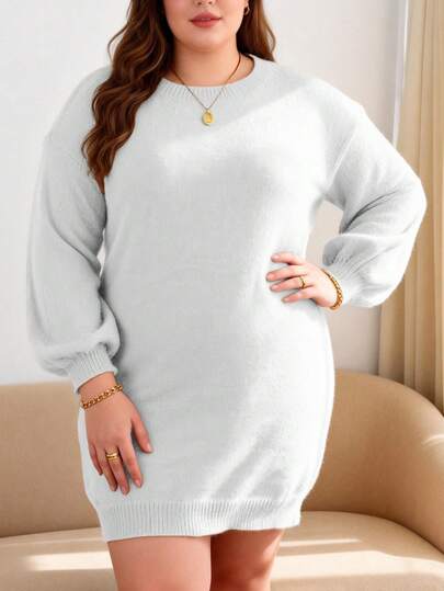 Women's Light Gray Ribbed Lantern Sleeve Sweater Dress, Casual