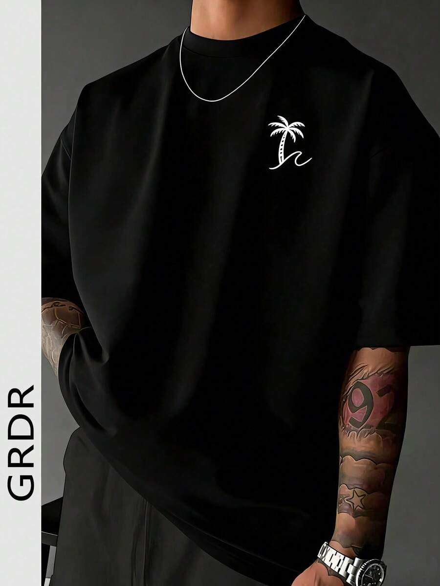GRDR Men's Round Neck Fashionable Palm Tree Printed Short Sleeve T-Shirt, Casual - Black - View 1