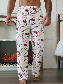 1 pieza Pantalones de pijama negros informales con Hello Kitty para hombres, pantalones rectos de anime Sanrio para cosplay, otoño/invierno - Blanco - Ver 2