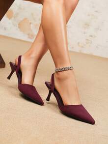 Tacones de aguja minimalistas de punta fina con tira de tobillo, sandalias de ante, sandalias de tacón alto de ante sintético color burdeos, zapatos de boda burdeos, tacones altos burdeos, zapatos burdeos, mules, zapatos de fiesta de tacón de charol sexy - Burdeos - Ver 1