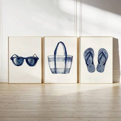 3pcs/Set Vibrant Navy Blue Watercolor Canvas Artwork - Stylish Eyeglasses, Beach Bag, And Flip-Flops Design With A Modern Cartoon Style. Suitable For Home Decor, Room Decor, Bedroom Decor, Living Room Decoration, Bathroom Decor, And Wall Decor. Optional Wall Art With Frame.