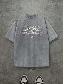 Men's Oversized Washed Graphic T-Shirt Hell Flame Star Silver Print Vintage Streetwear Tee - Xám - Xem 3