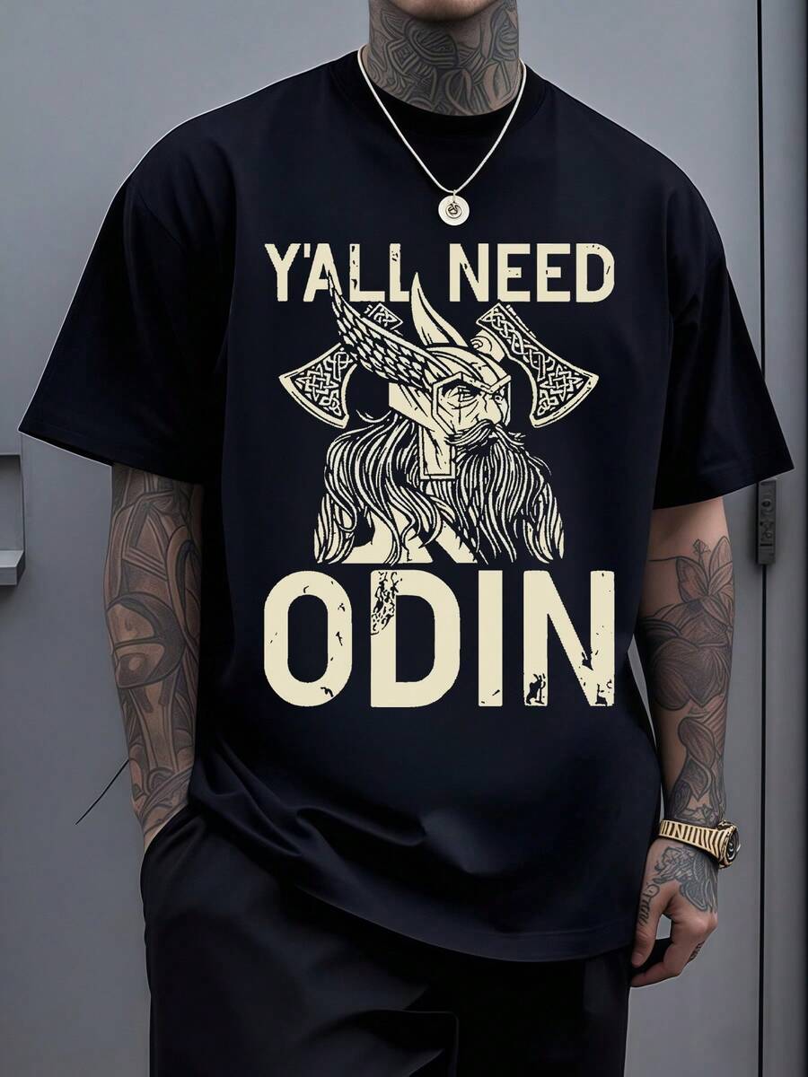 Odin rey de los dioses nórdicos símbolo de sabiduría y poesía con sus hachas cruzadas representando poder y conquista mostrando la grandeza de un guerrero mitológico que inspira valentía y determinación en quien la porta esta camiseta de hombre evoca la fuerza legendaria del panteón escandinavo para los admiradores de la mitología antigua y los espíritus indomables. - Negro - Ver 1