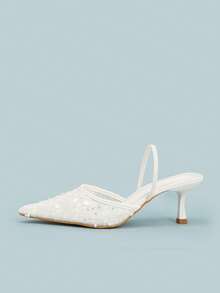 Pointed Toe Mesh Lace Pearl Sequin Backstrap Stiletto High Heel Mule Shoes - White - View 5