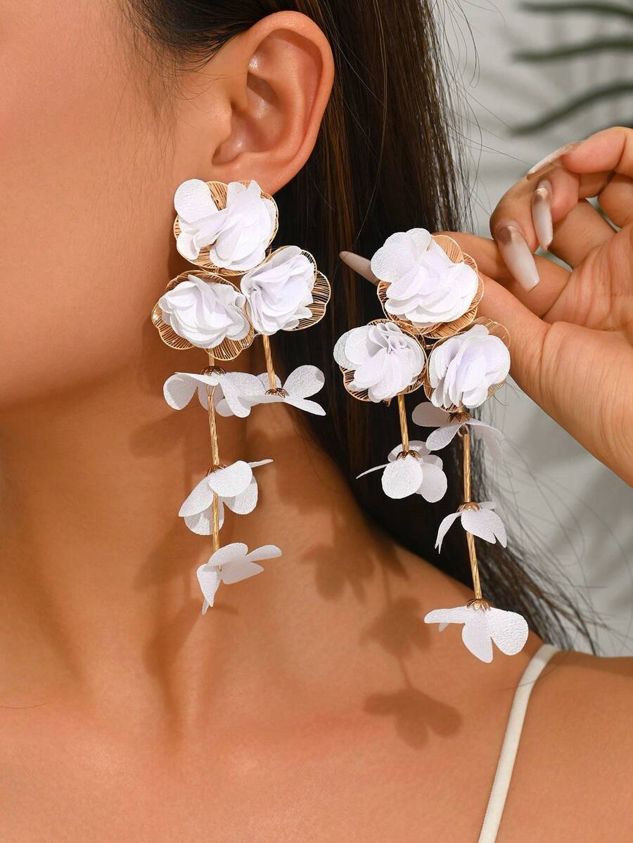 1对夏季度假风夸张甜美设计小众雪纺花朵流苏耳环，波西米亚海滩海洋度假奢华优雅雪纺花朵多层耳环，适合女性日常、派对、度假佩戴（手工制作，可能存在轻微胶水痕迹） - 白色 - 查看 1