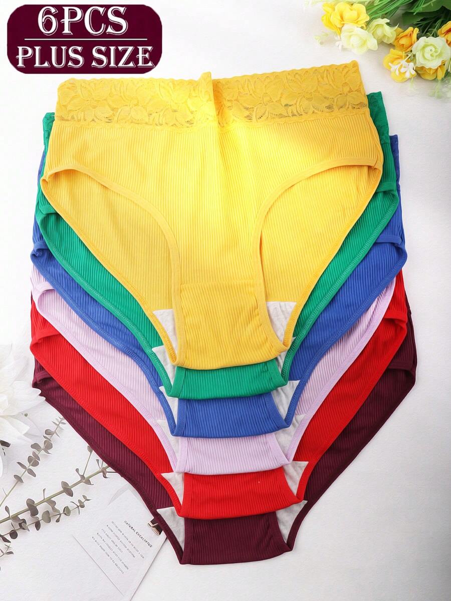 6-Pack Plus Size Ribbed Cotton Women's Underwear, Breathable Lace Waistband Panties For Daily Wear, Summer Plus Size,Plus Size Panties,Panties For Women - Nhiều màu - Xem 1