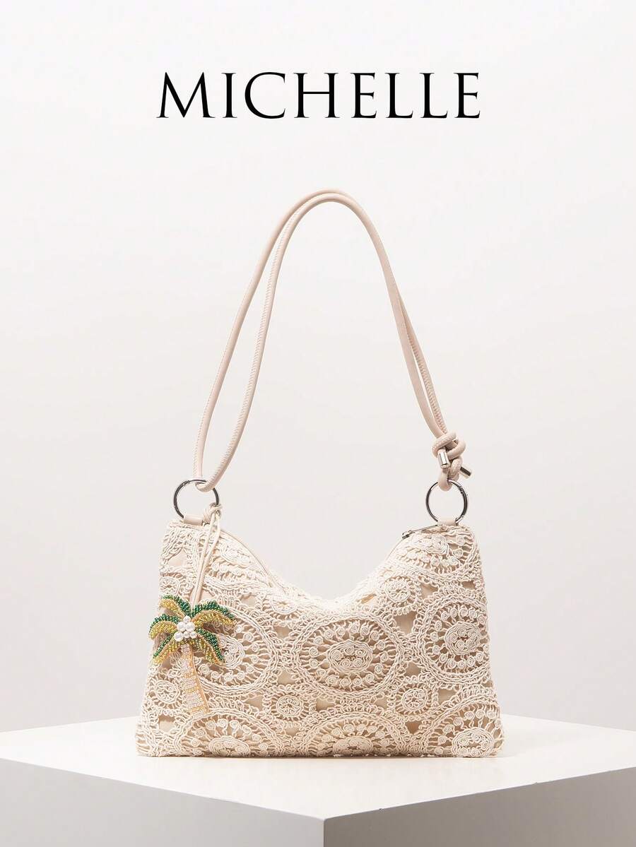 Túi đeo vai họa tiết hoa nhí, Túi xách nữ, Phong cách Bohemian, Túi đi biển mùa hè, Vật dụng cần thiết khi đi du lịch, Vật dụng cần thiết khi đi du thuyền, Trang phục nghỉ mát cho nữ, Bộ móc len, Ví nữ thanh lịch, Quà tặng cho nữ (Họa tiết ngẫu nhiên) - Màu be - Xem 1