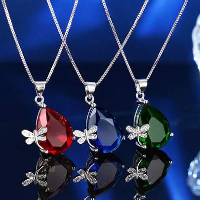 1 chiếc vòng cổ hình chuồn chuồn tinh tế, mặt dây chuyền bạc S925 khảm đá Zirconia nhiều màu (xanh lá/đỏ/xanh dương), vòng cổ ngọt ngào dành cho nữ, món quà độc đáo cho bạn gái, phụ kiện thời trang đeo hàng ngày.