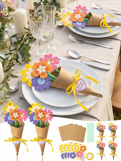 24pcs DIY Sunflower Bouquet Craft Kit - Suitable For Mother's Day, Father's Day, Teacher's Day And Thanksgiving Decoration - Excluding Vase, Includes Colorful Paper Flowers, Cards, Tags And Ribbons