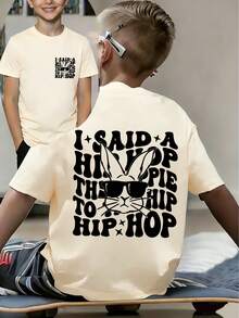 Camiseta con estampado de conejo de gafas de sol divertidas para niño preadolescente, adecuada para uso en vacaciones, uso casual, ropa urbana, top de verano de moda para niños. ¡Regalo ideal de Pascua para niños, conjunto perfecto para celebrar la Feliz Pascua! - Albaricoque - Ver 1