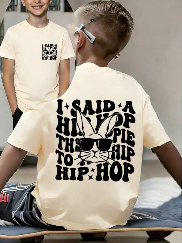 Camiseta de cuello redondo de manga corta con estampado divertido, top de verano informal para niño preadolescente