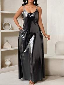 Plus Size Women Solid Color Backless Pocket Spaghetti Strap Elegant Evening Dress Party Summer - Grey - View 1