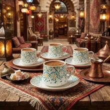 4 Packs Coffee Cup & Saucer Set, Set Of 4, 8-Piece Bone China Espresso/Turkish Coffee Cup & Saucer Set 90 Ml – Elegant White Bone China Set For 4, Nakkas Turkish Coffee Cup Set Of 4, (8 Piece) White Cups With Saucers - 3 Fl Oz Small Ceramic Espresso Set - Ideal For Serving Greek, Arabic Coffee, Serving Espresso, Turkish Coffee, Or Ristretto To Guests, Ramadan Mubarak, Bismillah, Eid Mubarak Ramadan Kareem - Multicolor - View 8