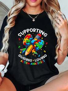 Autism Awareness Autism Awareness Teacher - Support Guide Love Design T-Shirt Women's Round Neck Short Sleeve T-Shirt Fashion Graphic Tees Women Top - Black - View 6