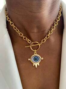 1pc Minimalist Evil Eye Pendant Necklace - Yellow Gold - View 1