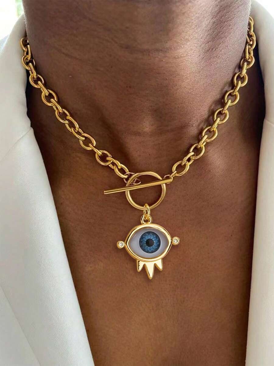 1pc Minimalist Evil Eye Pendant Necklace - Yellow Gold - View 1