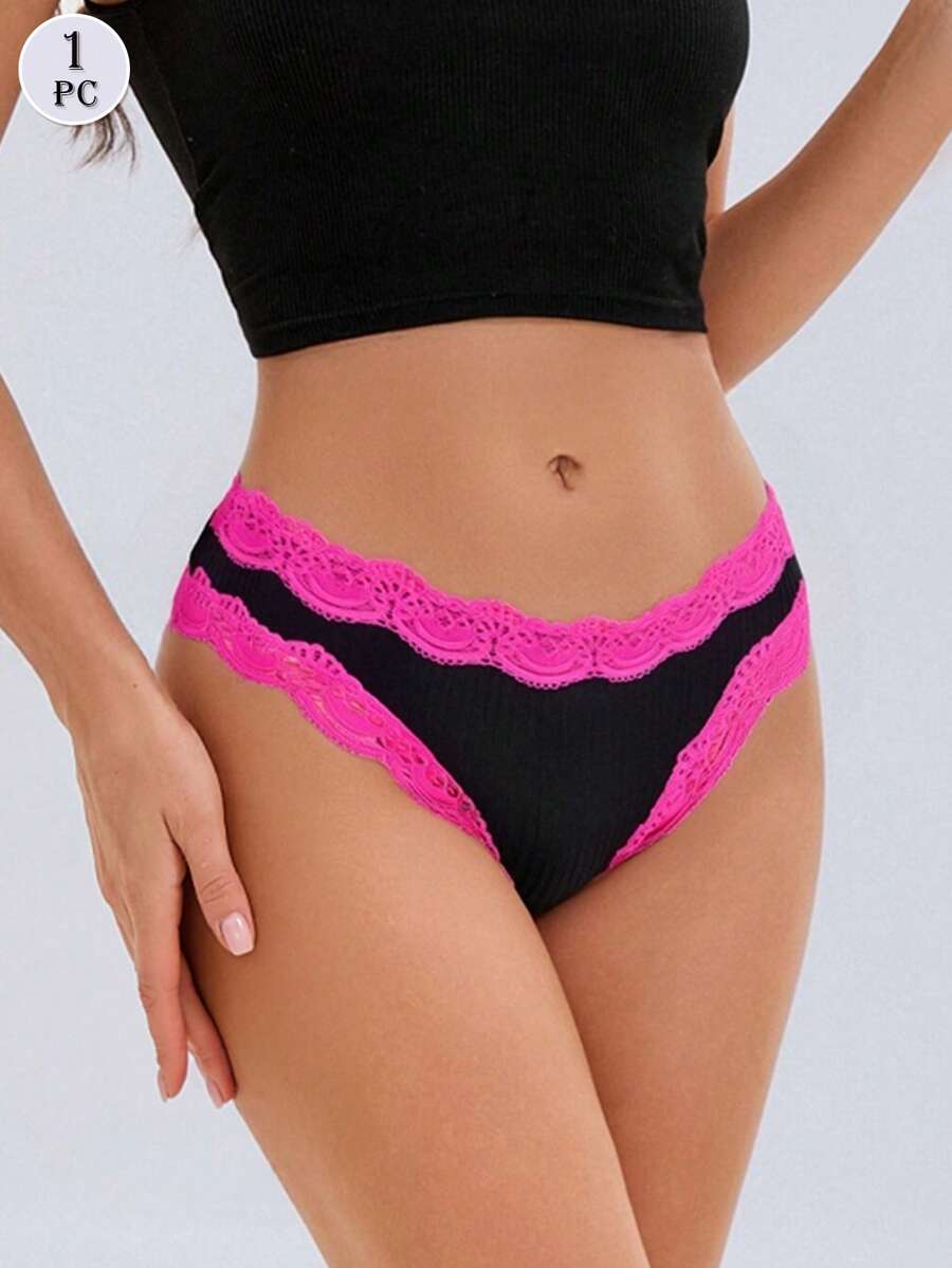 1Pc Female Panties Lingerie Low-Rise Soft Breathable Comfortable Women's Cotton Briefs Underwear With Lace - Hot Pink - View 1