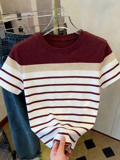 Striped Contrast Color Casual T-Shirt, Summer Outfits For Women, Vacation Outfits, Beach Outfits For Women White