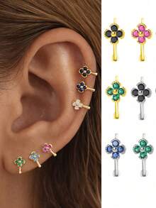 1件S925纯银四叶草花朵耳钉 - 经典简约优雅耳环 - 單隻 - 查看 1